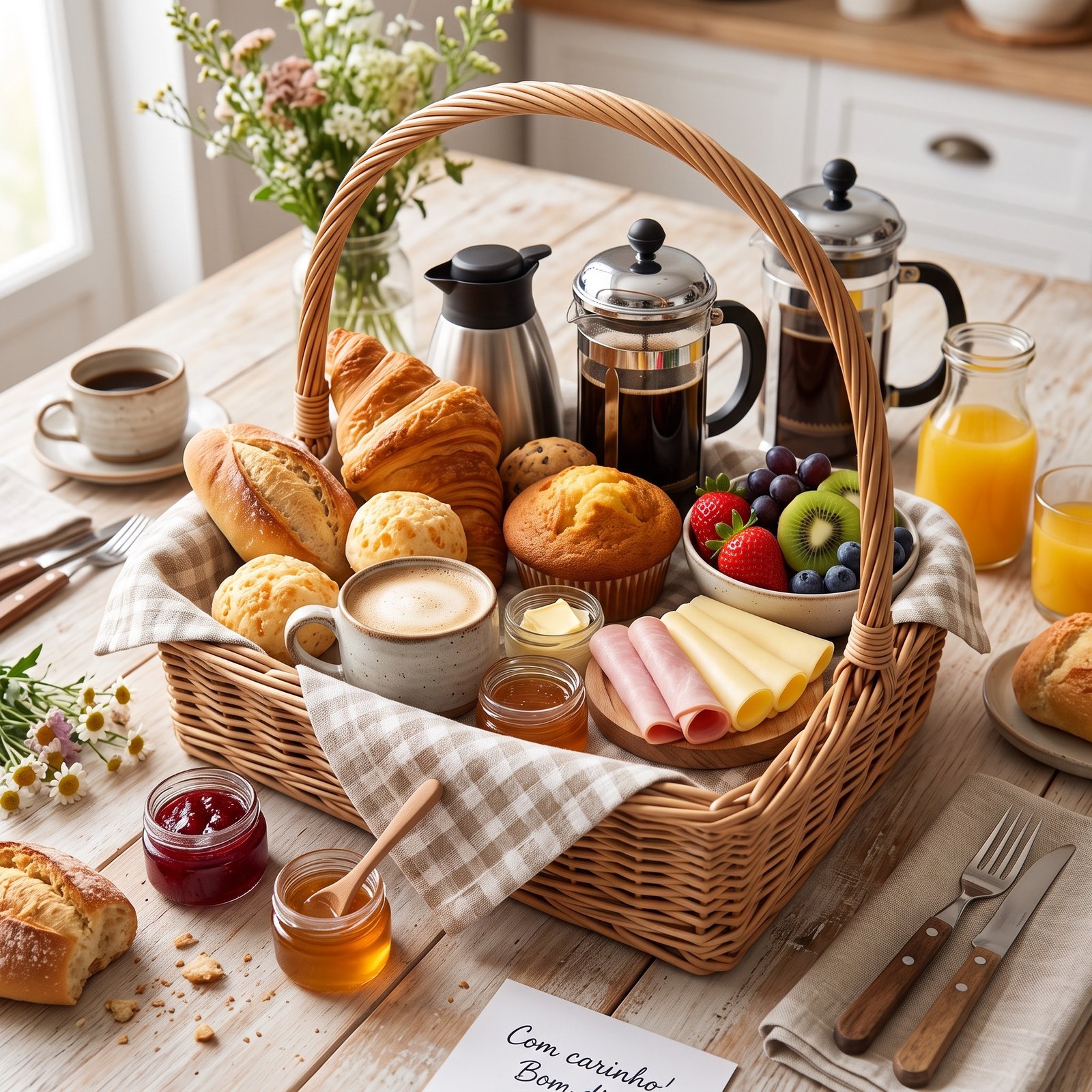 Cesta de café da manhã com pães, frutas, suco e café, em uma mesa acolhedora